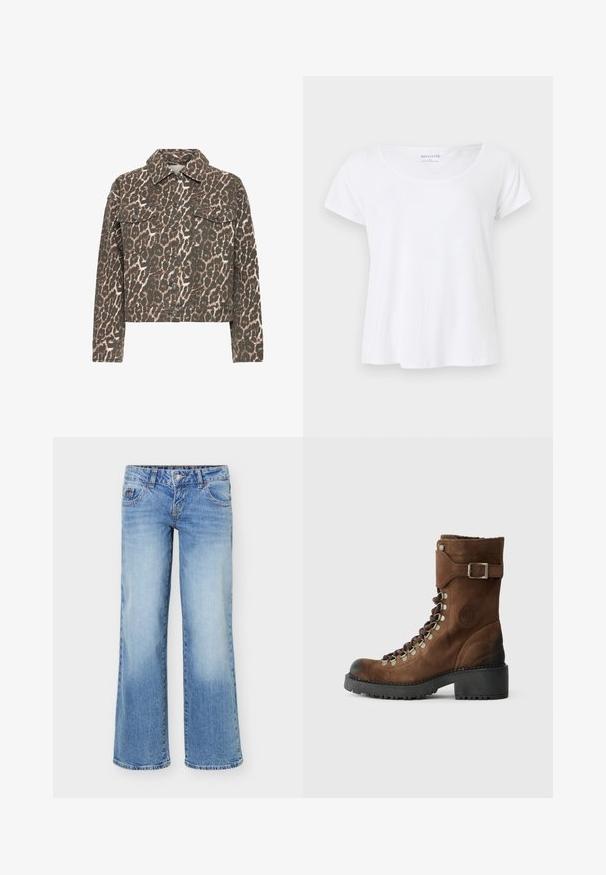 Veste à manches longues boutonnée avec motif léopard marron et beige et poches à rabat sur la poitrine, sur fond blanc.; T-shirt blanc à manches courtes avec col dégagé, taille petite, design simple, présenté sur un fond gris clair.; Jean en denim bleu clair avec une jambe légèrement évasée, style cinq poches, et une fermeture avant à boutons et zip.; Botte en daim marron avec un bout arrondi, fermeture à lacets à l'avant, œillets en métal, sangle de cheville avec boucle et semelle en caoutchouc texturé.