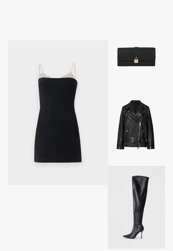 Chaqueta de motorista de cuero negro con cremalleras asimétricas, botones a presión y un cinturón. La textura es suave con un acabado ligeramente brillante.; Vestido mini negro con escote recto, finas tiras con joyas y detalle brillante en la parte superior del pecho sobre un fondo blanco liso.; Bota de cuero negra hasta la rodilla con puntera afilada, tacón de aguja y acentos decorativos de tachuelas en el costado. Textura suave y diseño elegante.; Clutch rectangular de cuero negro con una correa y un pequeño detalle de candado dorado en el centro delantero, mostrado sobre un fondo blanco.