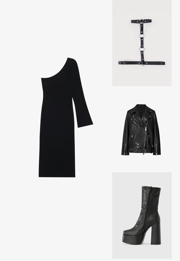 Chaqueta de motorista de cuero negro con cremalleras asimétricas, botones a presión y un cinturón. La textura es suave con un acabado ligeramente brillante.; Vestido de punto negro con textura acanalada, que presenta un escote asimétrico y una manga acampanada, con una silueta ajustada hasta la rodilla.; Botín de cuero negro hasta el tobillo con un alto tacón ancho, suela de plataforma y cierre con cremallera lateral. Textura suave con detalle de costura superior.; Arnés de cuero sintético negro con anillos y remaches de metal plateado, con correas ajustables organizadas en un diseño vertical y horizontal.