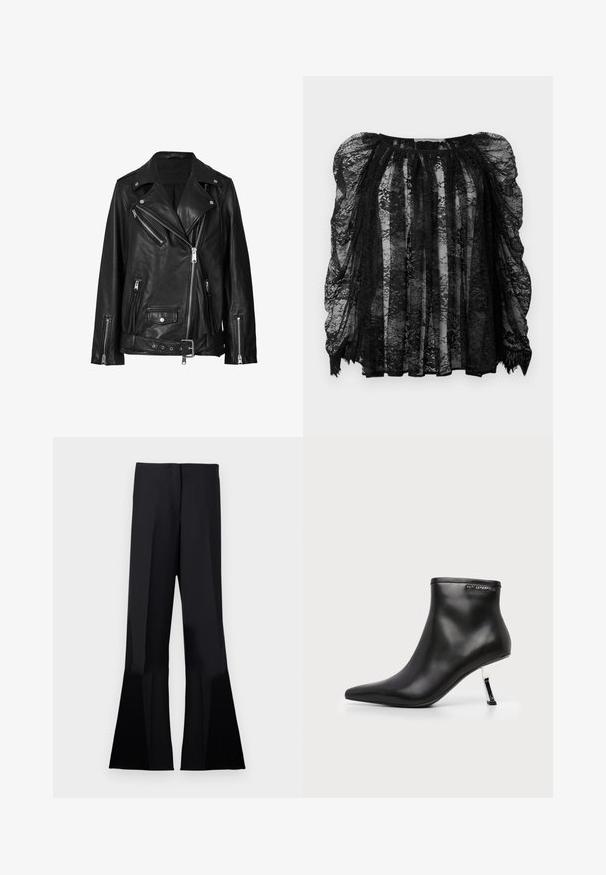 Sort læder bikerjakke med asymmetrisk lynlås, trykknapper og et bælte. Teksturen er glat med en let skinnende overflade.; Sort blonde bluse med gennemsigtigt stof, puffede ærmer, plisseret design og bølget søm. Indviklede blomster mønstre gennem hele blusen.; Sorte flared bukser med en glat tekstur, der har et højt talje og skarpe læg, som strækker sig til de flagrende benåbninger.; Sort læder ankelstøvle med spids tå og en blank sølv stilethæle på en hvid baggrund.