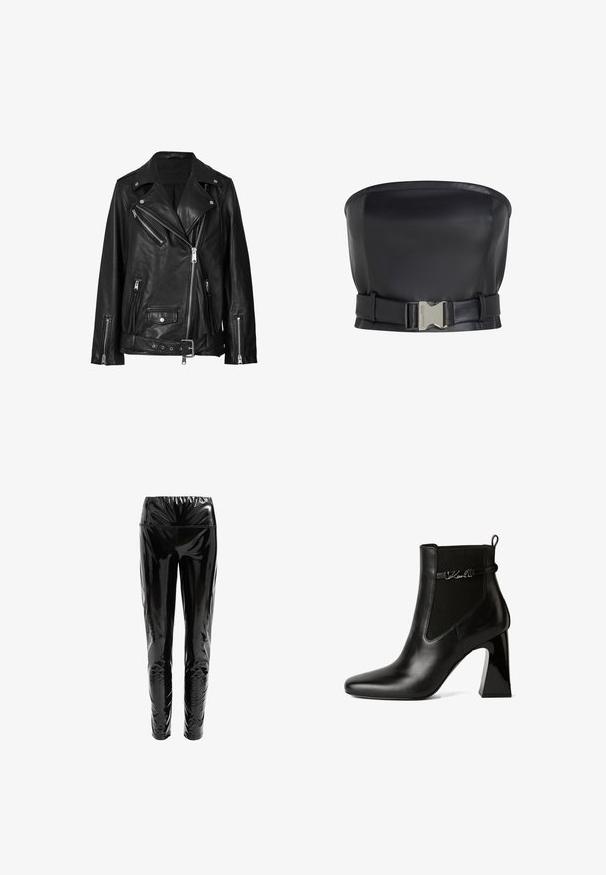 Chaqueta de motorista de cuero negro con cremalleras asimétricas, botones a presión y un cinturón. La textura es suave con un acabado ligeramente brillante.; Top sin mangas de cuero negro con un diseño estructurado, presenta un cierre frontal con hebilla y una textura lisa y suave.; Pantalones negros de cintura alta hechos de un material brillante y reflectante con una textura suave; diseño ajustado que se estrecha en los tobillos.; KARL LAGERFELD ASTRA NOVA GORE - Botines de tacón - black lthr