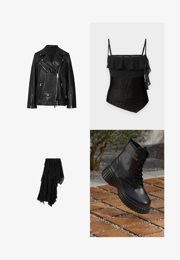 Zwarte leren motorjack met asymmetrische ritsen, drukknoopsluitingen en een riem. De textuur is soepel met een licht glanzende afwerking.; Zwarte top met dunne verstelbare bandjes, gelaagde ruchedesign bij de halslijn en een gladde, textuurloze stof. De zijkant heeft een vloeiende, doorschijnende accent.; Zwarte asymmetrische rok met gelaagde, vloeiende chiffonstof die een geplooide, ongelijke zoom creëert.; Zwarte leren laars met een dikke geribbelde zool, veters en een 'KARL' rhinestone-logo aan de zijkant, zwevend boven houten en grindverharding.