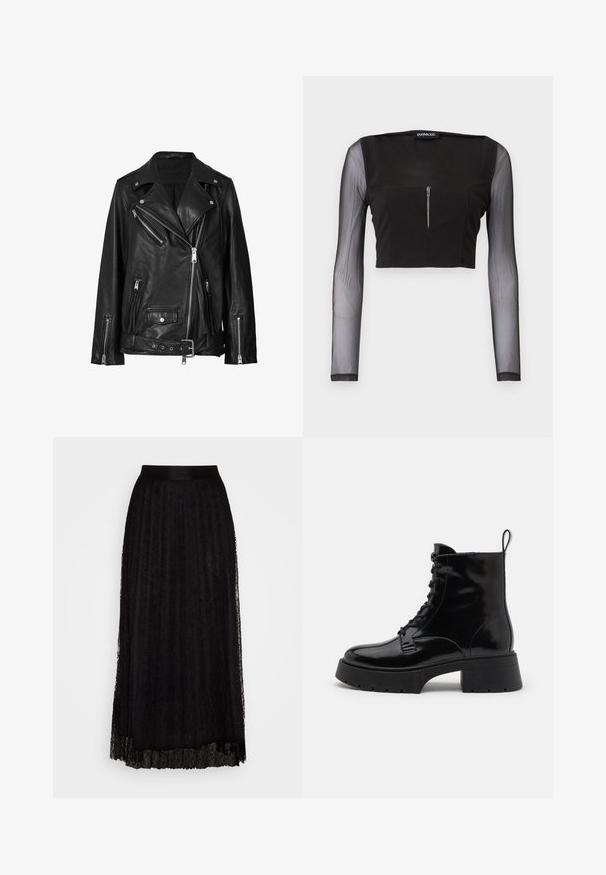 Chaqueta de motorista de cuero negro con cremalleras asimétricas, botones a presión y un cinturón. La textura es suave con un acabado ligeramente brillante.; Top corto negro con escote cuadrado, que presenta una tela opaca y mangas largas transparentes. El cierre frontal con cremallera añade detalle al diseño.; Falda maxi negra de encaje con un patrón texturizado, que cuenta con una cinturilla lisa y un diseño de capas y fluido.; Botines de charol negro con una suela gruesa, punta redonda, cordones en la parte frontal y una pestaña en la parte posterior. Suela de goma plana y texturizada.