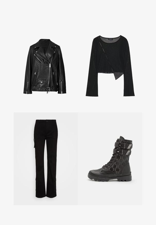 Sort læder bikerjakke med asymmetrisk lynlås, trykknapper og et bælte. Teksturen er glat med en let skinnende overflade.; Sort langærmet cropped top i et let, gennemsigtigt stof. Har en rund halsudskæring og en asymmetrisk kant med en let tekstur.; Nicki Studios STRAIGHT POCKET PANTS - Cargobukser - black; Sorte kampstøvler med en tekstureret overdel, der har et hundetandmønster, to justerbare remme og en robust sål.
