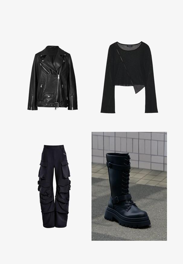 Chaqueta de motorista de cuero negro con cremalleras asimétricas, botones a presión y un cinturón. La textura es suave con un acabado ligeramente brillante.; Top corto de manga larga negro en un tejido ligero y transparente. Presenta un escote redondo y un dobladillo asimétrico con una ligera textura.; Pantalones cargo negros de tejido texturizado, con múltiples bolsillos grandes, un ajuste relajado y detalles fruncidos a lo largo de los lados.; Bota de combate negra de cuero hasta la rodilla con suela gruesa de tacos, cordones frontales y dos correas ajustables con hebillas sobre suelo de baldosas y fondo de pavimento.