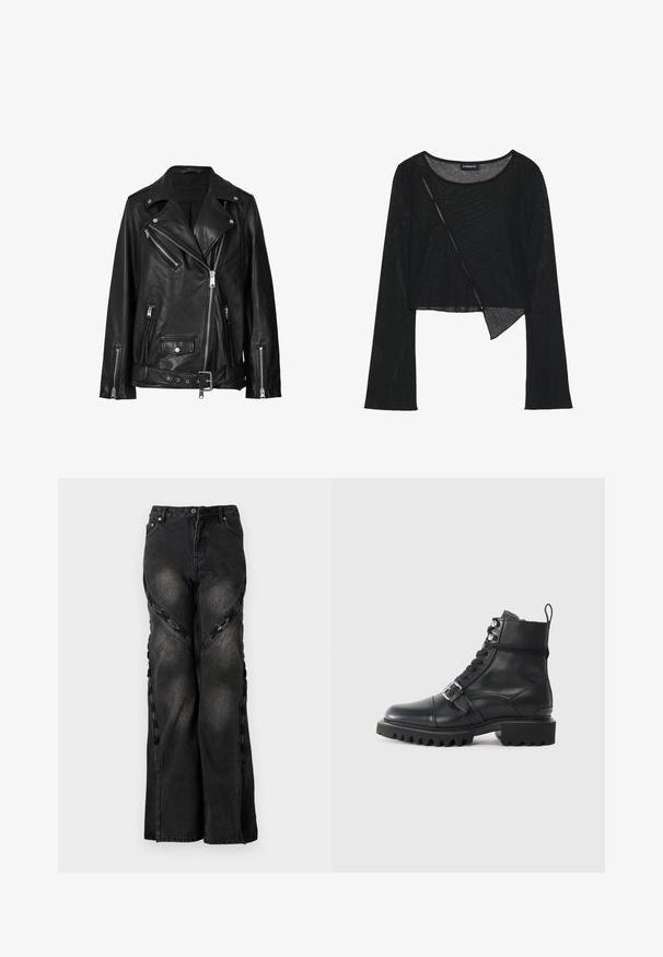Zwarte leren motorjack met asymmetrische ritsen, drukknoopsluitingen en een riem. De textuur is soepel met een licht glanzende afwerking.; Zwarte langemouwen crop top van een lichtgewicht, doorzichtig materiaal. Heeft een ronde halslijn en een asymmetrische zoom met een subtiele textuur.; Zwarte spijkerbroek van denim met een wijde pijp, voorzien van kettingaccenten langs de zijnaad en een knoop- en ritssluiting bij de taille.; Zwarte leren enkelboot met een ronde neus, vetersluiting aan de voorkant, gespdetail en een dikke, robuuste zool. Voorzien van accenten van zilverkleurig hardware.