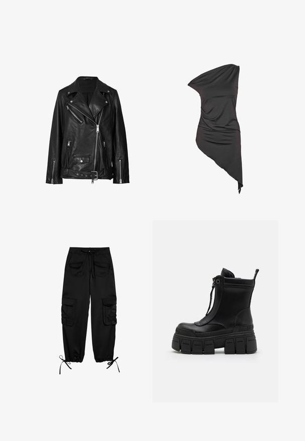 Zwarte leren motorjack met asymmetrische ritsen, drukknoopsluitingen en een riem. De textuur is soepel met een licht glanzende afwerking.; Zwarte asymmetrische one-shoulder jurk met geplooide stof en een ongelijke zoom, aan één kant langer.; Zwarte cargobroek van zachte stof, met een trekkoord in de taille, twee voorzakken en twee zijzakken met knoopflappen. Verstelbare boorden.; Buffalo GOSPHER ZIP BOOT - Enkellaarsjes met plateauzool - black