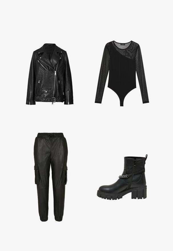 Sort læder bikerjakke med asymmetrisk lynlås, trykknapper og et bælte. Teksturen er glat med en let skinnende overflade.; Sort bodysuit med lange gennemsigtige mesh ærmer, en tætsiddende pasform, en asymmetrisk halsudskæring og en glat, uigennemsigtig bund.; Sorte syntetiske læder cargo bukser med elastisk talje, snøre, elastiske manchetter og to sidelommer. Glat, skinnende overflade.; Sorte ankelstøvler lavet af glat læder med en kraftig, rillede gummisål. Har en sidelukning med lynlås og en sølv kæde accenter.