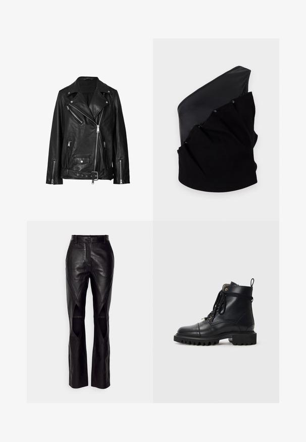 Chaqueta de motorista de cuero negro con cremalleras asimétricas, botones a presión y un cinturón. La textura es suave con un acabado ligeramente brillante.; Top asimétrico negro que presenta un panel de cuero liso y un tejido de punto texturizado con detalles fruncidos y botones a presión.; Pantalones de cuero negro con un diseño ajustado, que presentan costuras diagonales y recortes en los lados. Piernas rectas con un cierre de botón en la cintura.; Botín de cuero negro hasta el tobillo con punta redonda, suela de goma resistente, cordones y una lengüeta; cuenta con ojales dorados y detalles cosidos.