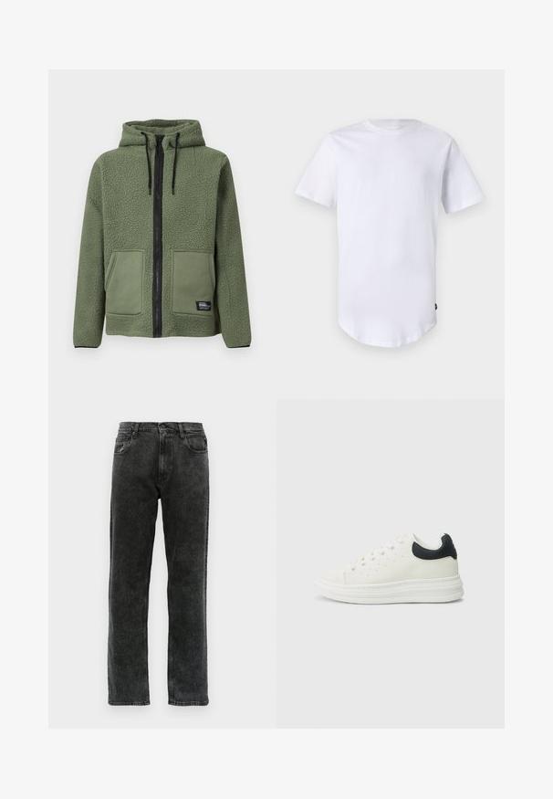 Veste en polaire verte à capuche avec fermeture éclair intégrale noire, cordons, deux poches plaquées frontales et étiquette de marque « Rebel » sur la poche inférieure.; T-shirt blanc à manches courtes en coton. Design à col rond avec un ourlet arrondi. Étiquette visible sur le côté inférieur gauche. Texture lisse.; Jean en denim noir avec une coupe droite, comportant cinq poches, une fermeture à bouton, et un léger délavage sur le tissu.; Baskets en cuir blanc avec un accent noir au talon, bout rond, semelle blanche plate et fermeture à lacets. Perforations minimales sur les côtés.