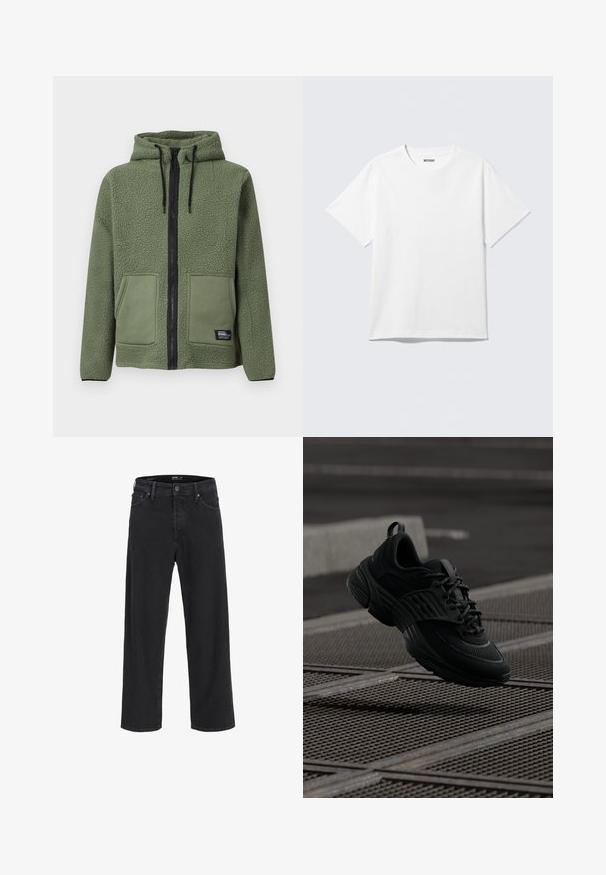 Veste en polaire verte à capuche avec fermeture éclair intégrale noire, cordons, deux poches plaquées frontales et étiquette de marque « Rebel » sur la poche inférieure.; T-shirt blanc à manches courtes et col rond, étalé à plat, design uni, avec l'étiquette "WEEKDAY" à l'intérieur du col sur un fond clair.; Jean en denim noir à jambe droite avec fermeture à bouton et à zip, passants de ceinture, et poches avant et arrière.; Baskets de sport noires avec une tige en mesh texturé et une semelle en caoutchouc, présentant une silhouette épaisse et un système de laçage pour un maintien sécurisé.