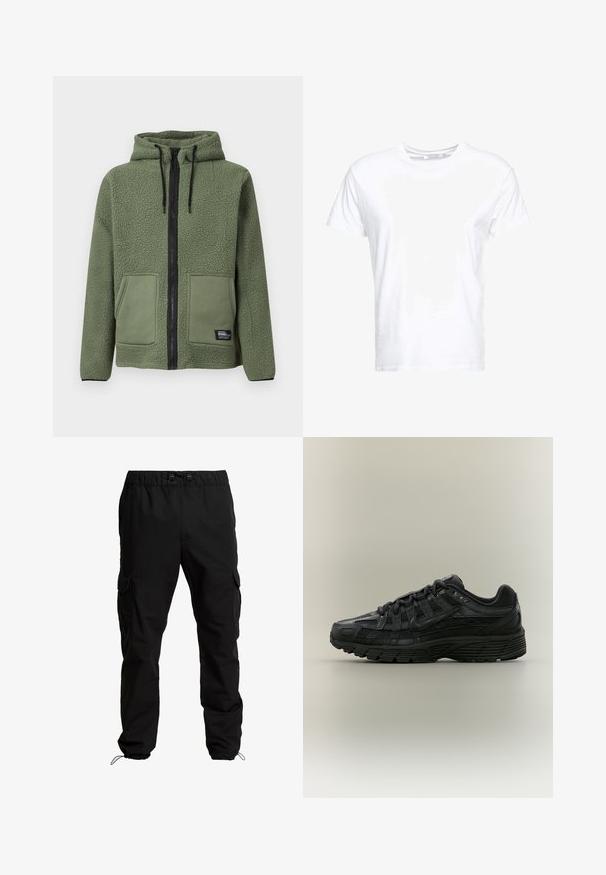 Veste en polaire verte à capuche avec fermeture éclair intégrale noire, cordons, deux poches plaquées frontales et étiquette de marque « Rebel » sur la poche inférieure.; T-shirt en coton blanc avec un col rond et des manches courtes, au fit classique et à la texture lisse. Aucun motif ni accessoire visible.; Pantalons cargo noirs en tissu durable, dotés d'une taille élastique, de cordons de serrage ajustables et de poches latérales avec fermetures à rabat.; Chaussure de course Nike noire avec tige en mesh et synthétique, fermeture à lacets et semelle texturée, vue de côté gauche sur fond uni.