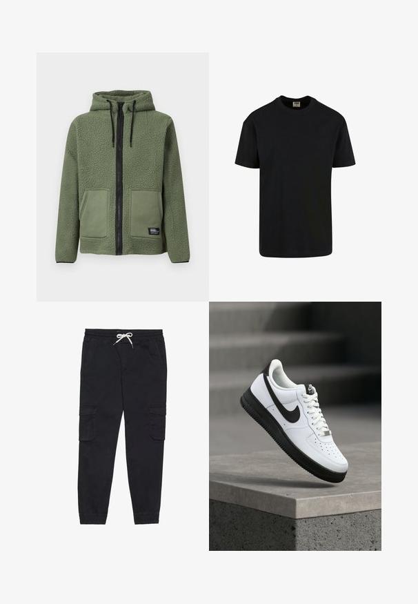 Veste en polaire verte à capuche avec fermeture éclair intégrale noire, cordons, deux poches plaquées frontales et étiquette de marque « Rebel » sur la poche inférieure.; Urban Classics SHORTSLEEVE - T-shirt basique - black; Pantalons cargo noirs en coton, avec une taille élastique et un cordon de serrage, des poches latérales et des poignets fuselés.; Baskets en cuir blanc avec accents noirs, bout arrondi et détails perforés. Semelle en caoutchouc noire avec motif texturé et fermeture à lacets.