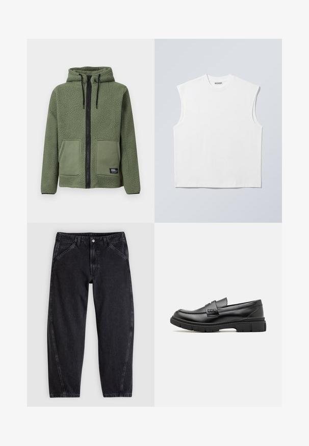 Veste en polaire verte à capuche avec fermeture éclair intégrale noire, cordons, deux poches plaquées frontales et étiquette de marque « Rebel » sur la poche inférieure.; Haut blanc sans manches en coton à col rond avec épaules structurées, marqué "WEEKDAY" sur l'étiquette du col, présenté sur un fond gris clair.; Jean en denim noir à coupe ample, doté d'une ceinture standard, d'un design à cinq poches et de surpiqûres contrastantes le long des coutures.; Mocassin en cuir noir avec une large sangle sur le devant, semelle en caoutchouc à épaisse rainure, et texture lisse. Design classique et élégant.