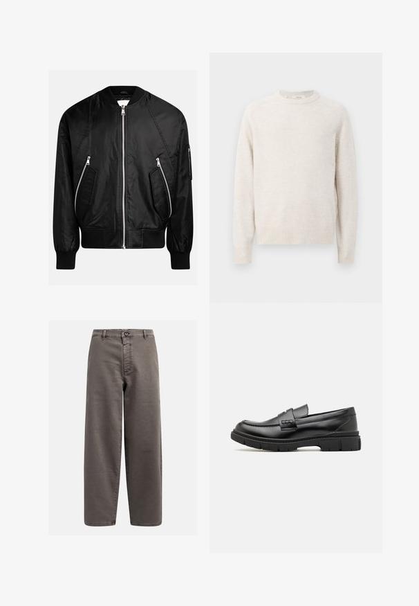 Veste bomber noire avec fermeture éclair à l'avant, poignets côtelés et deux poches zippées diagonales avec une finition lisse et brillante.; Pull crème avec un col rond, des poignets et un ourlet côtelés. Texture douce avec un design simple et épuré et des manches raglan.; Pantalons larges gris en mélange de coton ; avec fermeture à bouton, passants de ceinture et poches avant ; texture lisse et durable.; Mocassin en cuir noir avec une large sangle sur le devant, semelle en caoutchouc à épaisse rainure, et texture lisse. Design classique et élégant.