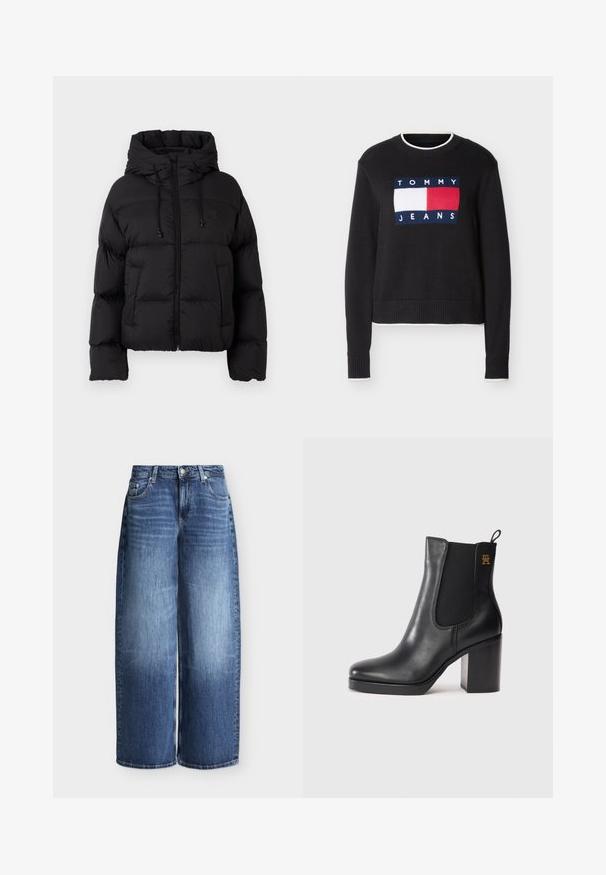 Chaqueta acolchada negra con capucha, cremallera frontal, cordones y dos bolsillos frontales sobre un fondo blanco liso.; Suéter negro de cuello redondo con logo Tommy Jeans en blanco y rojo en el frente, puños y dobladillo acanalados, y ribete blanco en el cuello, los puños y el dobladillo.; Vaqueros anchos de mezclilla en azul con cierre frontal de botón y cremallera, trabillas para cinturón y diseño clásico de cinco bolsillos sobre fondo liso.; Botín de cuero negro a nivel del tobillo con tacón cuadrado, panel lateral elástico, asa de tirón y pequeño logotipo dorado en la parte superior.