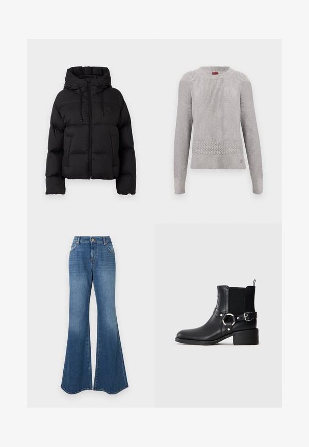 Veste matelassée noire avec capuche, fermeture éclair frontale, cordons de serrage et deux poches avant sur fond blanc uni.; Pull gris clair avec un design en tricot texturé, doté d'un col rond et de manches longues. Motif tricoté détaillé à l'ourlet.; Jean évasé bleu en denim classique, taille haute, avec un dégradé subtil et une ouverture large à la cheville, sans ornements visibles.; Bottine en cuir noir avec boucles latérales et détail en anneau, panneau latéral élastique, petit talon carré et languette de tirage sur fond uni.