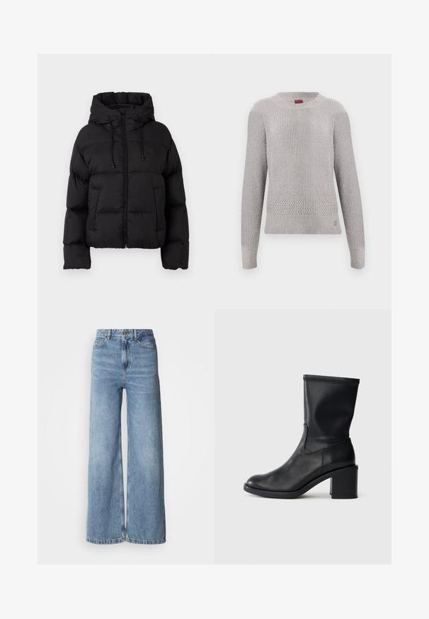 Veste matelassée noire avec capuche, fermeture éclair frontale, cordons de serrage et deux poches avant sur fond blanc uni.; Pull gris clair avec un design en tricot texturé, doté d'un col rond et de manches longues. Motif tricoté détaillé à l'ourlet.; Jean large bleu clair en denim, avec une taille haute, un design à cinq poches et des ourlets bruts. Texture lisse avec une finition délavée.; Botte en cuir noir à cheville avec un bout rond, texture lisse et un talon épais, présentant un tige ajustée et un subtil détail de couture.