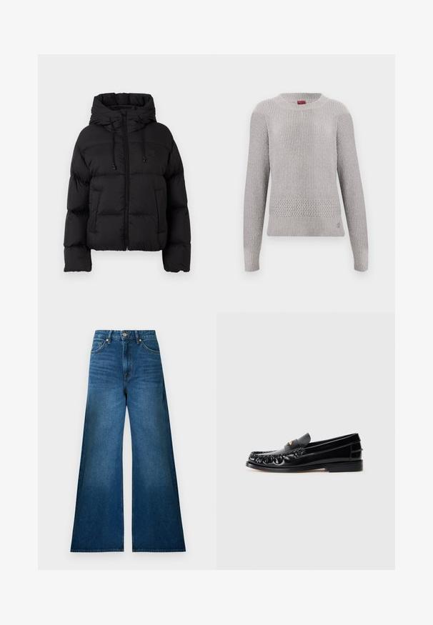 Veste matelassée noire avec capuche, fermeture éclair frontale, cordons de serrage et deux poches avant sur fond blanc uni.; Pull gris clair avec un design en tricot texturé, doté d'un col rond et de manches longues. Motif tricoté détaillé à l'ourlet.; Jean en denim bleu foncé taille haute avec un design à jambes larges, doté de poches standard et de coutures contrastantes. Texture lisse, sans ornements.; Mocassins en cuir noir avec un bout arrondi, des coutures décoratives et un petit accent doré sur le dessus. Semelle en caoutchouc plate, design épuré.