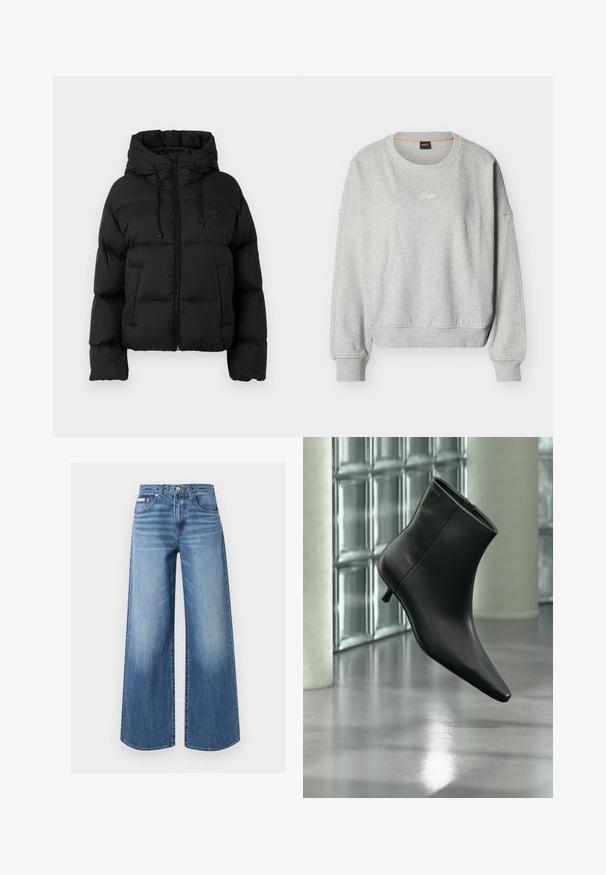 Veste matelassée noire avec capuche, fermeture éclair frontale, cordons de serrage et deux poches avant sur fond blanc uni.; Sweat-shirt à col rond gris clair avec poignets et ourlet côtelés, arborant un petit logo blanc "Boss" centré sur la poitrine.; Jean en denim bleu à jambes larges avec bouton et fermeture éclair sur le devant, style cinq poches et détails légèrement délavés sur les cuisses et les genoux.; Bottine en cuir noir à bout pointu et petit talon kitten, présentée en angle devant un sol poli et un mur en blocs de verre.