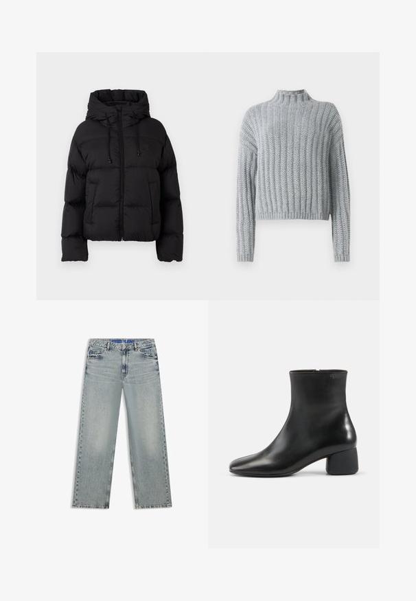Schwarze gesteppte Daunenjacke mit Kapuze, Frontreißverschluss, Kordelzügen und zwei vorderen Taschen auf einem schlichten weißen Hintergrund.; Helles graues, grob gestricktes Sweatshirt mit Rippmuster, Stehkragen, langen Ärmeln und einem leicht verkürzten Schnitt.; Hellblaue Jeans mit weitem Bein aus Denim, mit ausgewaschenen Stellen, fünf Taschen und einem blauen, gebrandeten Taillenbund.; Schwarzer Lederknöchelstiefel mit abgerundeter quadratischer Spitze, seitlichem Reißverschluss und klobigem niedrigem Absatz auf schlichtem hellem Hintergrund.