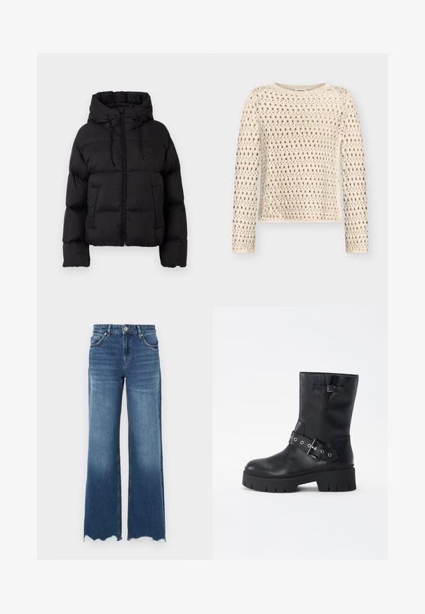 Schwarze gesteppte Daunenjacke mit Kapuze, Frontreißverschluss, Kordelzügen und zwei vorderen Taschen auf einem schlichten weißen Hintergrund.; Cremefarbener, langärmeliger Häkelpullover mit offenem Strickmuster und rundem Ausschnitt, präsentiert vor einem schlichten hellen Hintergrund.; Jeans aus Denim mit ausgestelltem Bein in mittlerem Blauton, mit ausgefranstem Saum, fünf Taschen und vorderer Knopfverschluss.; Schwarze Leder-Ankle-Boots mit einer dicken Sohle, ausgestattet mit einem Riemen mit metallischen Beschlägen und dekorativer Schnalle, glatter Textur und verstärkten Nähten.