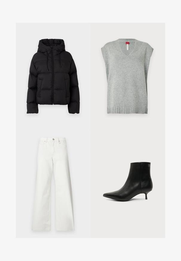 Veste matelassée noire avec capuche, fermeture éclair frontale, cordons de serrage et deux poches avant sur fond blanc uni.; Gilet sans manches en tricot gris clair avec col en V et ourlet et encolure côtelés, présenté sur fond blanc.; Jean blanc taille haute à jambes larges, fermeture à boutons devant, passants de ceinture et poches avant sur fond uni.; Bottine en cuir noir avec bout pointu et petit talon kitten sur fond clair, vue côté extérieur.