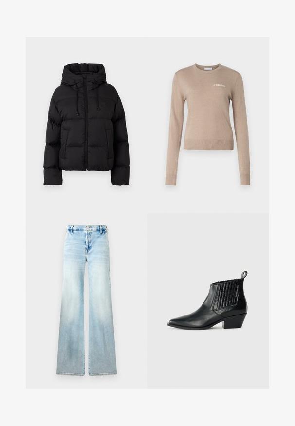 Chaqueta acolchada negra con capucha, cremallera frontal, cordones y dos bolsillos frontales sobre un fondo blanco liso.; Suéter de punto beige con mangas largas, cuello redondo, dobladillo y puños ribeteados, presenta un sutil logotipo blanco "2ND DAY" en el pecho.; Jeans acampanados de color azul claro, confeccionados en denim. Presentan un lavado desvaído, bolsillos estándar y un cierre de botón en la cintura.; Botín de piel negra con punta afilada, panel lateral acolchado y tacón bajo tipo bloque. Marca sutil en el lateral.
