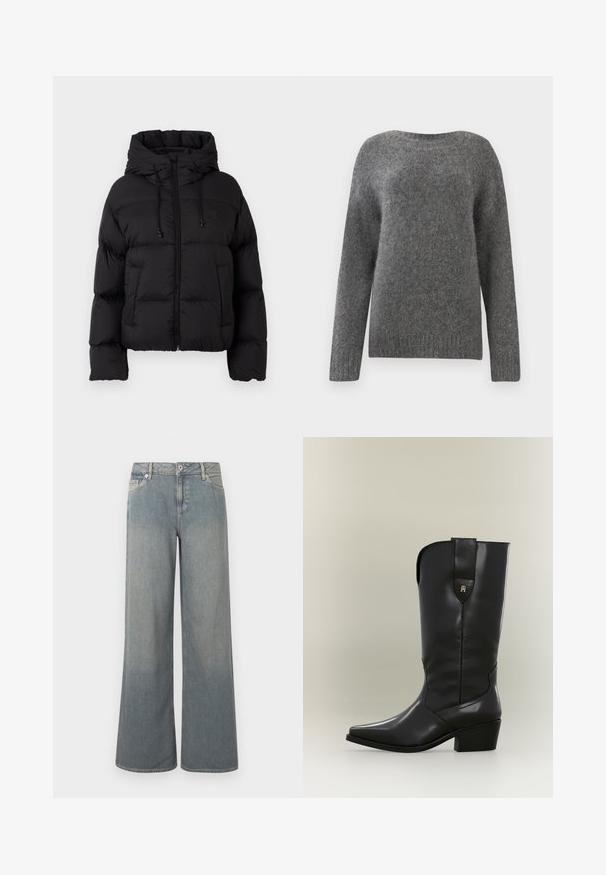Veste matelassée noire avec capuche, fermeture éclair frontale, cordons de serrage et deux poches avant sur fond blanc uni.; Pull gris à manches longues en matériau doux. Il présente un col rond et une surface légèrement texturée, avec une couleur unie sur l'ensemble.; Jean large coupe large délavé clair en denim, doté d'un design classique à cinq poches, d'une fermeture éclair et bouton, avec des accents d'ourlet effiloché.; Botte de cow-boy haute en cuir noir avec bout pointu, talon épais et languette avec un petit logo doré.