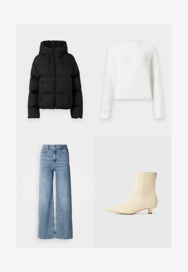 Mustriline puffer-jakk musta, kapuutsiga, esisee tõmblukk, nöörid ja kaks esikotti, valgel taustal.; Valge pika varrukaga pehme crewneck sviiter, millel on veidi lühem lõige ja tekstureeritud kangas.; hele sinised laiade säärtega teksapüksid, valmistatud denimist, millel on kõrge vöökoht, viie taskuga disain ja töödeldud äärised. Siledapind ja tuhmunud viimistlus.; Beežid pahkluu saabast nahast, sileda pinnaga, terava kärjega, lühikese plokkkontsa ja külgmise luku detailiga mugavaks kandmiseks.