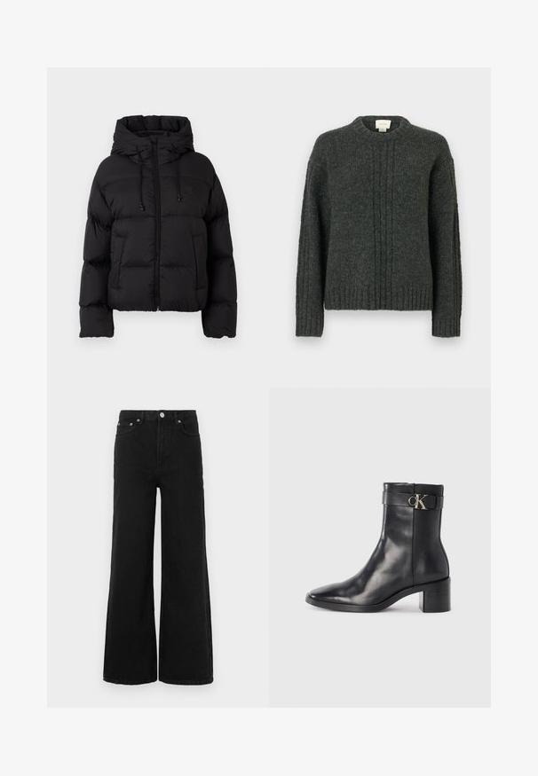 Schwarze gesteppte Daunenjacke mit Kapuze, Frontreißverschluss, Kordelzügen und zwei vorderen Taschen auf einem schlichten weißen Hintergrund.; Dunkelgrauer gestrickter Pullover mit Rundhalsausschnitt, gerippten Bündchen und Saum. Verfügt über vertikale strukturierte Linien auf der Vorderseite und ein weiches, warmes Material.; Schwarze Jeans mit weitem Bein aus Denim; verfügt über eine hohe Taille, Vordertaschen und einen Knopfverschluss. Keine sichtbaren Muster oder Verzierungen.; Schwarze Leder-Ankle Boots mit spitzem Zehenbereich, Blockabsatz und einem Riemen mit einem metallischen Logodetail. Glatte Textur und minimales Design.