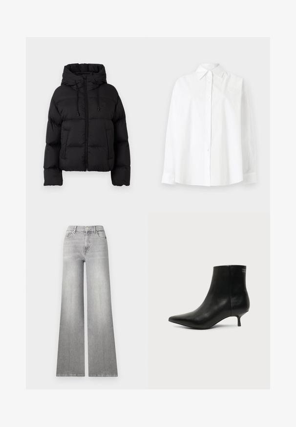 Veste matelassée noire avec capuche, fermeture éclair frontale, cordons de serrage et deux poches avant sur fond blanc uni.; Chemise blanche à boutons en coton, avec un col classique, des manches longues et une broderie en forme de cœur subtile sur le côté supérieur gauche.; Jean en denim gris à jambes larges avec une finition délavée, poche avant et fermeture à bouton. Caractéristiques d'une coupe droite et d'un ourlet classique.; Bottine en cuir noir avec bout pointu et petit talon kitten sur fond clair, vue côté extérieur.