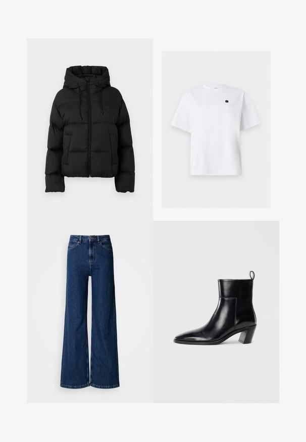 Schwarze gesteppte Daunenjacke mit Kapuze, Frontreißverschluss, Kordelzügen und zwei vorderen Taschen auf einem schlichten weißen Hintergrund.; Weißes T-Shirt mit kurzen Ärmeln und Rundhalsausschnitt mit kleinem schwarzem besticktem Logo auf der linken Brust.; Weit geschnittene Jeans in dunkler Waschung aus Denim, mit hoher Taille, klassischem Fünf-Taschen-Design und dezenten Steppnähten entlang der Nähte.; Schwarze Leder-Ankleboots mit spitzem Zeh, geometrischem Blockabsatz und einem Zugband hinten. Glatte Textur und elegantes Design.