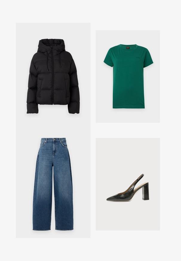 Schwarze gesteppte Daunenjacke mit Kapuze, Frontreißverschluss, Kordelzügen und zwei vorderen Taschen auf einem schlichten weißen Hintergrund.; Grünes kurzärmeliges T-Shirt mit Rundhalsausschnitt und kleinem geprägtem „BOSS“-Logo auf der linken Brustseite sowie einem schwarzen Etikett innen im Kragen.; Weite Jeans aus dunkelblauem Denim. Mit hoher Taille, fünf Taschen und einer oberen Knopfleiste. Leicht ausgewaschene Textur überall.; Schwarzer Leder-Damenslingback-Schuh mit spitzer Zehenpartie und dickem hohem Blockabsatz vor weißem Hintergrund.
