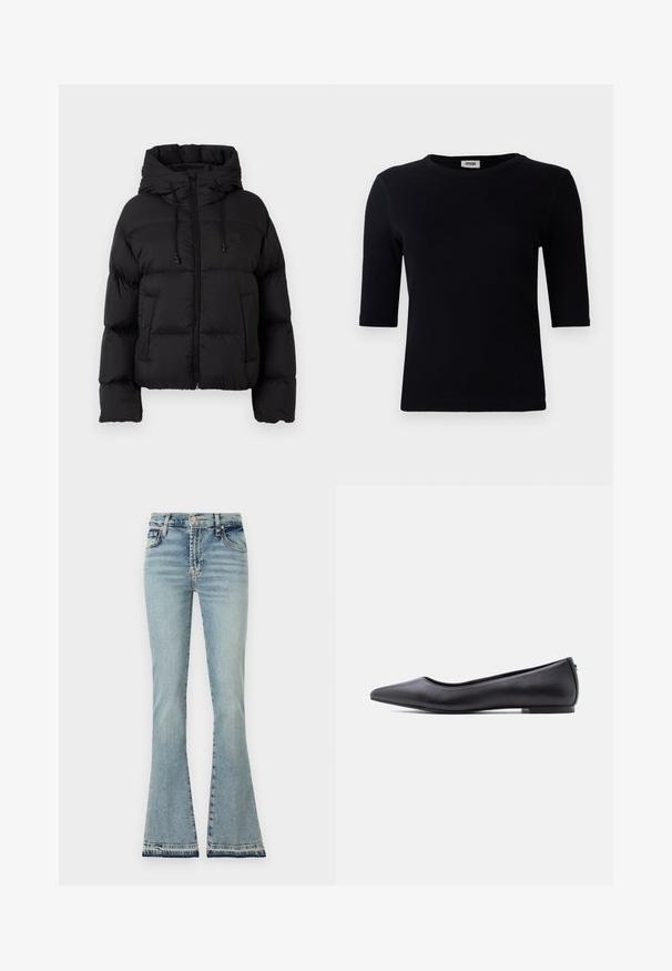 Schwarze gesteppte Daunenjacke mit Kapuze, Frontreißverschluss, Kordelzügen und zwei vorderen Taschen auf einem schlichten weißen Hintergrund.; Schwarzes, geripptes T-Shirt mit rundem Halsausschnitt und drei Viertelärmeln. Der Stoff hat eine glatte Textur und einen geraden Saum. Keine sichtbare Markenkennzeichnung.; Hellblaue Jeans im Schlagstil mit hoher Taille, klaren Nähten und ausgefranstem Saum. Das Material wirkt weich und hat ein klassisches Fünf-Taschen-Design.; Schwarzer flacher Lederschuh mit spitzer Kappe und niedrigem Absatz, seitlich vor weißem Hintergrund gezeigt.