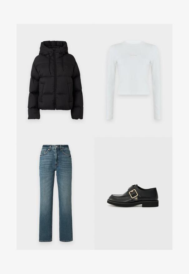 Schwarze gesteppte Daunenjacke mit Kapuze, Frontreißverschluss, Kordelzügen und zwei vorderen Taschen auf einem schlichten weißen Hintergrund.; Weißes, langärmliges, geripptes Croptop mit Rundhalsausschnitt und kleinem Calvin Klein-Logo mittig auf der Brust.; Jeans mit hoher Taille und geradem Bein aus blauem Denim, mit dezentem Verblassen, fünf Taschen und Knopfverschluss.; Schwarzer Lederschuh mit runder Spitze, ausgestattet mit einer goldenen Schnalle und einer flachen Gummisohle. Glatte Textur mit dezenten Nähdetails.