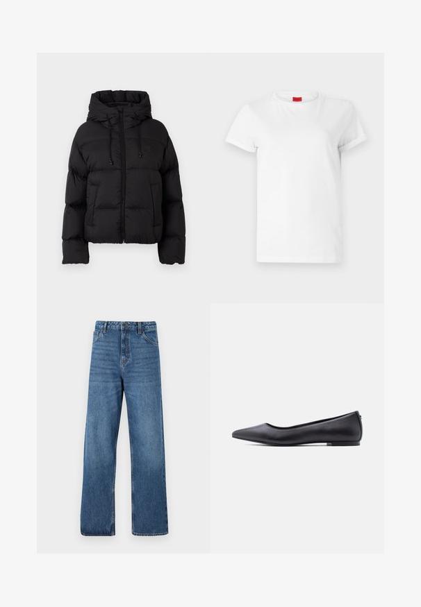Schwarze gesteppte Daunenjacke mit Kapuze, Frontreißverschluss, Kordelzügen und zwei vorderen Taschen auf einem schlichten weißen Hintergrund.; Weißes Kurzarm-T-Shirt aus leichtem Baumwollstoff. Hat einen runden Halsausschnitt und umgeschlagene Ärmel. Rotes Logo-Tag am Kragen.; Hoch taillierte blaue Denim-Jeans mit weitem Bein, ausgestattet mit einer glatten Textur, minimalen Nähdetails und klassischem Fünf-Taschen-Stil.; Schwarzer flacher Lederschuh mit spitzer Kappe und niedrigem Absatz, seitlich vor weißem Hintergrund gezeigt.