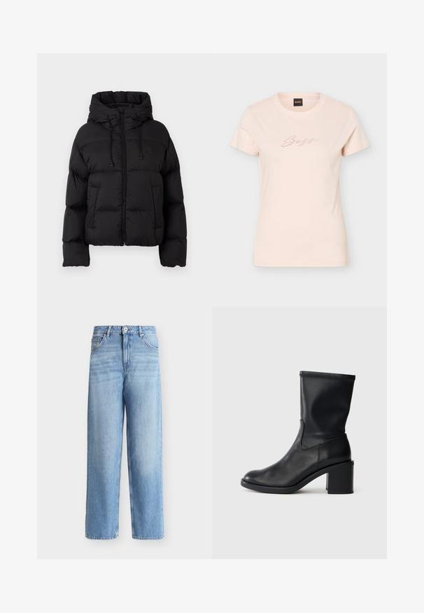Zwarte gewatteerde pufferjas met capuchon, rits aan de voorkant, trekkoorden en twee voorzakken op een effen witte achtergrond.; Lichtbeige dames T-shirt met korte mouwen, ronde hals en "Boss" in kleine, gestippelde letters over de borst.; Lichtblauwe straight-leg jeans met hoge taille, voorzijde met knoop- en ritssluiting, riemlussen en voorzakken op een witte achtergrond.; Zwarte leren enkellaars met een ronde neus, een gladde textuur en een chunky hak, met een strak schacht en subtiele stiksels.