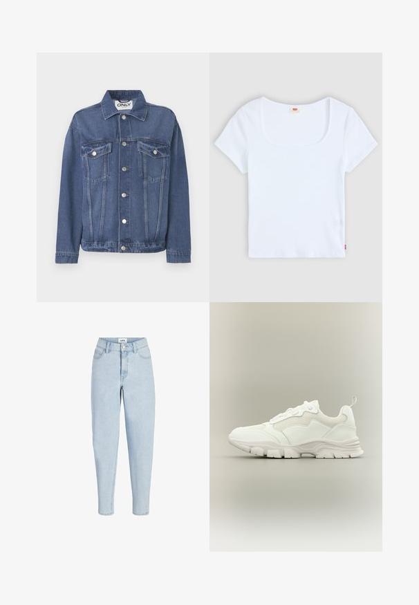 Veste en denim de couleur bleu moyen avec un design classique. Comprend deux poches sur la poitrine, des boutons en argent et un col.; Haut blanc à manches courtes avec un décolleté carré, fabriqué en tissu à texture côtelée. Présente une petite étiquette logo rouge en bas à gauche.; Jean taille haute bleu clair avec bouton et fermeture éclair à l'avant, style cinq poches et jambes fuselées.; Baskets blanches de sport avec tige en mesh et cuir, semelle épaisse et languette au talon, présentées de profil sur fond neutre.