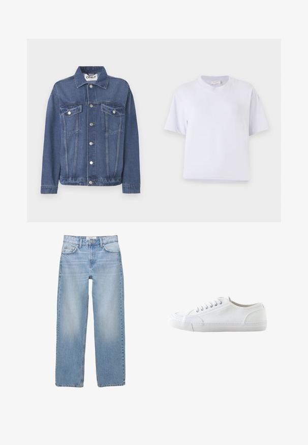 Jeansjacke in einem mittleren Blauton mit klassischem Design. Verfügt über zwei Brusttaschen, silberne Knöpfe und einen Kragen.; Weißes Baumwoll-T-Shirt mit lockerem Schnitt, kurzen Ärmeln, Rundhalsausschnitt und ohne sichtbare Muster oder Verzierungen. Glatte Textur.; Helle blaue Jeans aus Denim mit geradem Bein, Fünf-Taschen-Stil und sichtbaren Nähdetails. Der Stoff hat eine weiche, leicht ausgewaschene Textur.; Weißer niedriger Canvas-Sneaker mit weißen Schnürsenkeln und Gummisohle, von der Seite auf weißem Hintergrund dargestellt.
