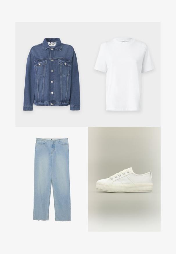 Veste en denim de couleur bleu moyen avec un design classique. Comprend deux poches sur la poitrine, des boutons en argent et un col.; T-shirt en coton blanc à col rond, avec des manches courtes et une texture lisse. Conçu avec une coupe décontractée pour plus de confort et de polyvalence.; Jean en denim bleu clair avec une coupe droite, doté d'une taille haute, de cinq poches et de détails d'ourlet effiloché.; Baskets basses blanches avec semelle épaisse côtelée, lacets à l'avant et languette à l'arrière sur fond neutre.