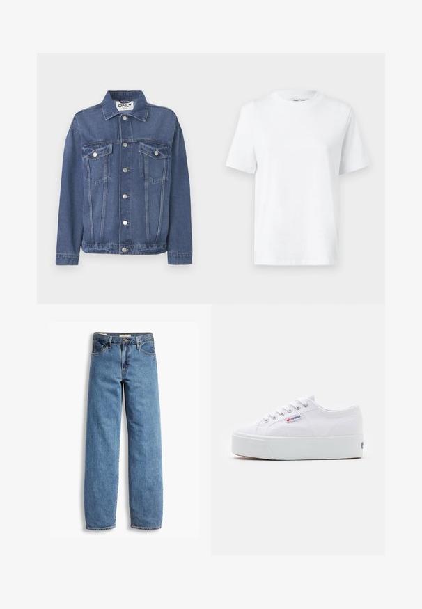 Veste en denim de couleur bleu moyen avec un design classique. Comprend deux poches sur la poitrine, des boutons en argent et un col.; T-shirt en coton blanc à col rond, avec des manches courtes et une texture lisse. Conçu avec une coupe décontractée pour plus de confort et de polyvalence.; Jean en denim bleu clair avec une coupe droite, cinq poches, couture visible et une texture légèrement délavée. Fermeture standard par bouton et zip.; Baskets en toile blanches avec une épaisse semelle plateforme blanche, bout rond et œillets en métal pour les lacets. Logo de la marque affiché sur le côté.
