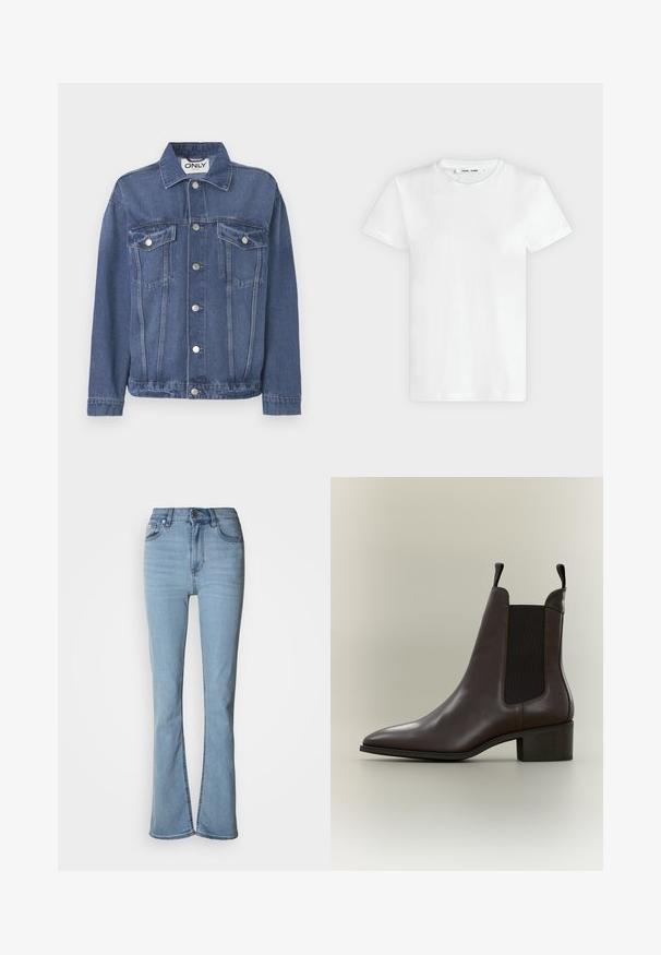 Veste en denim de couleur bleu moyen avec un design classique. Comprend deux poches sur la poitrine, des boutons en argent et un col.; T-shirt blanc uni à manches courtes et col rond, posé à plat sur un fond gris clair, montrant le devant avec l'étiquette à l'intérieur du col.; Jean en denim bleu clair avec taille haute, jambes droites et détail d'ourlet fendu aux chevilles. Comprend cinq poches et une fermeture à boutons.; Bottine en cuir marron foncé avec panneaux latéraux élastiques noirs, languettes sur l'avant et l'arrière, et un petit talon carré.