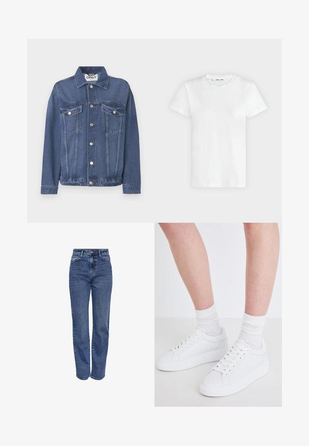 Veste en denim de couleur bleu moyen avec un design classique. Comprend deux poches sur la poitrine, des boutons en argent et un col.; T-shirt blanc uni à manches courtes et col rond, posé à plat sur un fond gris clair, montrant le devant avec l'étiquette à l'intérieur du col.; Jean taille haute bleu en denim. Équipé de jambes droites, design à cinq poches et coutures contrastantes. Finition classique et décoloration modérée.; Copenhagen Studios CPH72 - Baskets basses - white