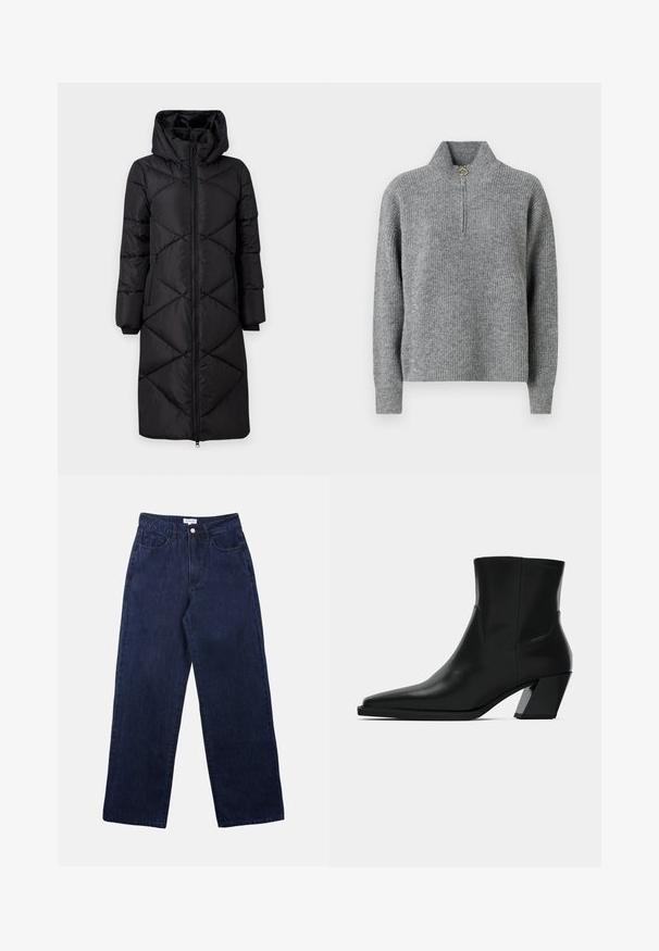 Manteau long noir rembourré avec une capuche, présentant des coutures diagonales, deux poches zippées sur les côtés et des poignets côtelés. Tissu lisse et résistant à l'eau.; Pull en maille gris avec un col haut, demi-fermeture éclair, texture côtelée et manches longues. Présente un accent circulaire doré au niveau de la fermeture éclair.; Pantalons en denim bleu foncé avec une coupe droite, dotés d'une fermeture à bouton à l'avant, de passants de ceinture et de deux poches avant.; Bottine en cuir noir avec un bout pointu, une silhouette élégante et un talon carré massif. Texture lisse avec des détails de couture minimalistes.