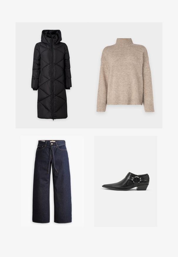 Schwarzer gepolsterter langer Mantel mit Kapuze, diagonal genäht, zwei seitlichen Reißverschlusstaschen und gerippten Bündchen. Glattes, wasserabweisendes Gewebe.; Beige gestrickter Pullover mit einem hohen Rippkragen, lockerer Passform und Rippbündchen sowie Saum. Weiche Textur mit einem lässigen Design.; Weite, dunkelblaue Jeans aus Denim mit hoher Taille, ausgestattet mit einem Kordelzug, fünf Taschen und kontrastierenden Nähdetails.; Schwarze Leder-Ankle-Boots mit spitzem Zeh, ausgestattet mit einem vorderen Leder-Riemen und einem silbernen Schnallendetail sowie einem niedrigen Blockabsatz.