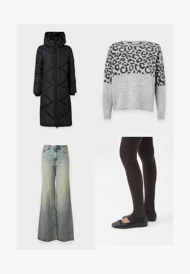 Schwarzer gepolsterter langer Mantel mit Kapuze, diagonal genäht, zwei seitlichen Reißverschlusstaschen und gerippten Bündchen. Glattes, wasserabweisendes Gewebe.; Grau gestreifter Pullover mit einem Leopardenmuster in Dunkelgrau. Verfügt über einen runden Halsausschnitt und lange Ärmel, aus einem weichen, strukturierten Material gefertigt.; Helles blauweite Jeans im Denim-Stil mit hoher Taille, ausgewaschenem Finish und seitlichen Taschen mit sichtbaren Nähten.; Beine in dunklen, gerippten Leggings kombiniert mit schwarzen Ballerinas mit kleinen Schleifendetails auf weißem Hintergrund.
