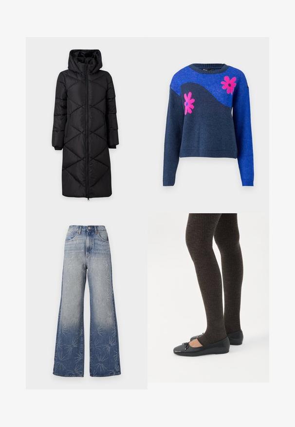 Sort polstret lang frakke med hætte, der har skrå syninger, to sidelommer med lynlås og ribbede manchetter. Glat, vandafvisende stof.; Blå strikket sweater med et marineblåt bølgedesign og pink blomstermønstre. Har en rund halsudskæring samt ribbede manchetter og kant.; Store bukser i lyseblå denim med sølvfarvede stjernemønstre. Høj talje med knaplukning og klassisk fem-lomme-design.; Ben iført mørke ribbede leggings kombineret med sorte balletsko med små sløjfedetaljer på hvid baggrund.