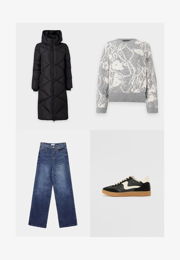 Manteau long noir rembourré avec une capuche, présentant des coutures diagonales, deux poches zippées sur les côtés et des poignets côtelés. Tissu lisse et résistant à l'eau.; Pull en maille gris avec un motif floral blanc, col rond, et bords-côtes aux poignets et à l'ourlet, fabriqué dans un matériau doux.; Jean en denim à jambes larges de couleur bleu foncé, doté d'une taille haute, de motifs délavés prononcés à l'avant, et d'un style classique à cinq poches.; Baskets en daim et cuir noir avec un swoosh latéral crème et un talon crème clair. Dotées de lacets beige et d'une semelle en caoutchouc gomme.