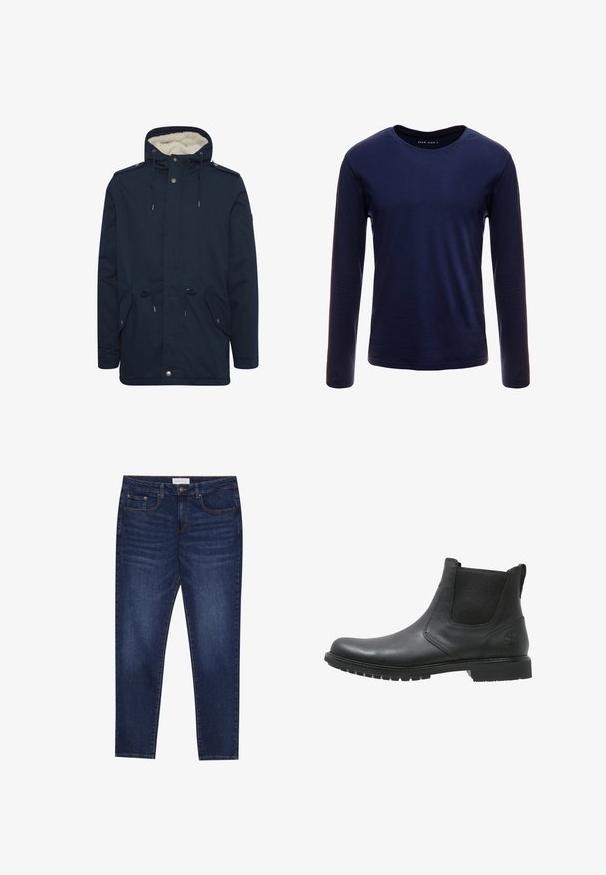 Marineblå parka-jakke med justerbar snorhætte, frontlommer og blødt indre for. Har trykknap- og lynlås-lukninger.; Marineblå langærmet T-shirt lavet af blødt bomuld, med en klassisk rund hals og en glat overflade uden synlige mønstre eller accenter.; Mørkeblå slim-fit jeans med fem lommer, knaplukning og kontrastsying, mærket Pier One på livlinen.; Sort læder Chelsea-støvle med elastiske sidepaneler, runde tå og tekstureret gummisål. Har et logo på hælen.